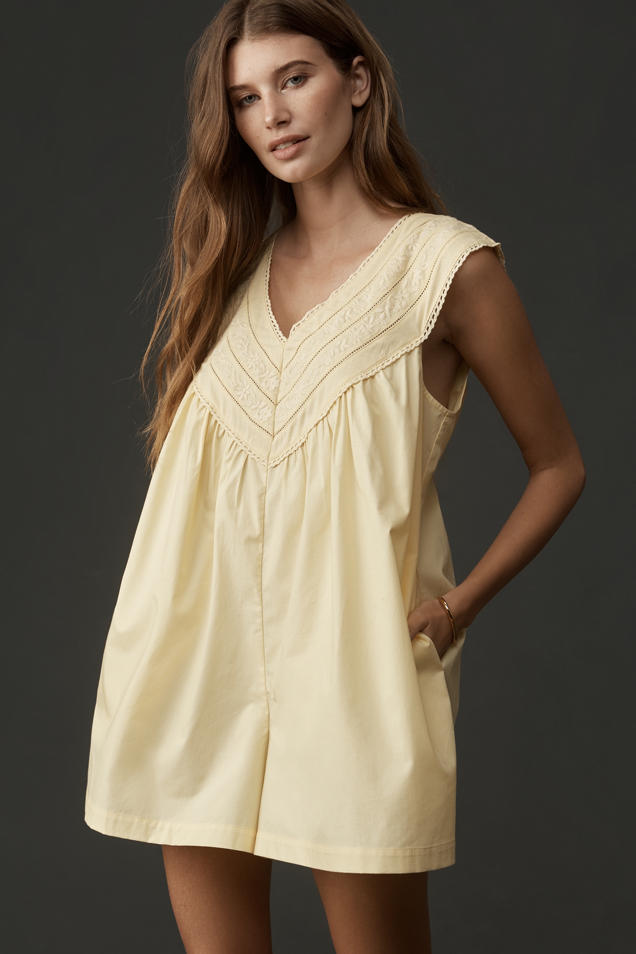By Anthropologie 100% Cotton V-Neck Yoke Romper
