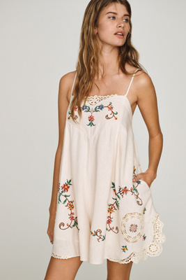 By Anthropologie Linen Cotton Embroidered Romper In White