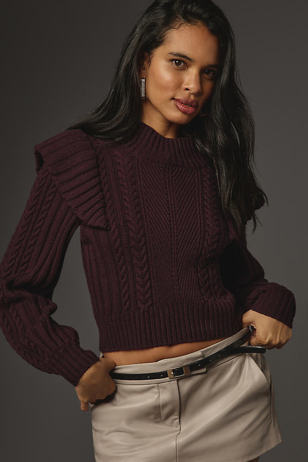 Shop Paige Kate Cable-knit Ruffle Sweater In Purple
