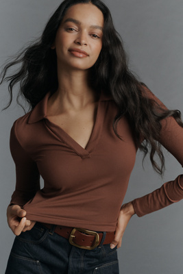 Shop Paige Silene Long-sleeve Knit Polo Top In Brown