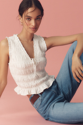 Paige Womens Devi Shirred Cotton-blend Top White