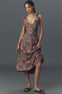 PAIGE SWINDON TIE-STRAP V-NECK MIDI DRESS 