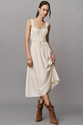 Paige Arpeggio Linen Blend Smocked Midi Dress In Multi