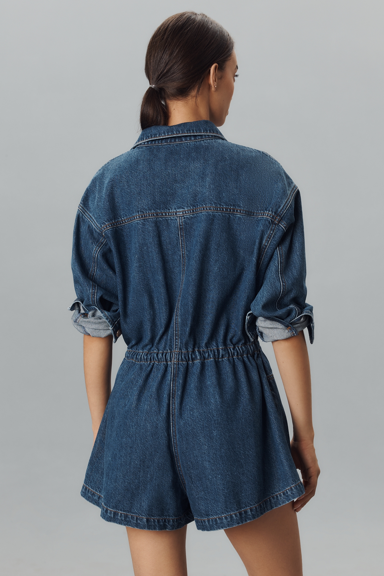 PAIGE Madigan Long-Sleeve Collared Denim Romper