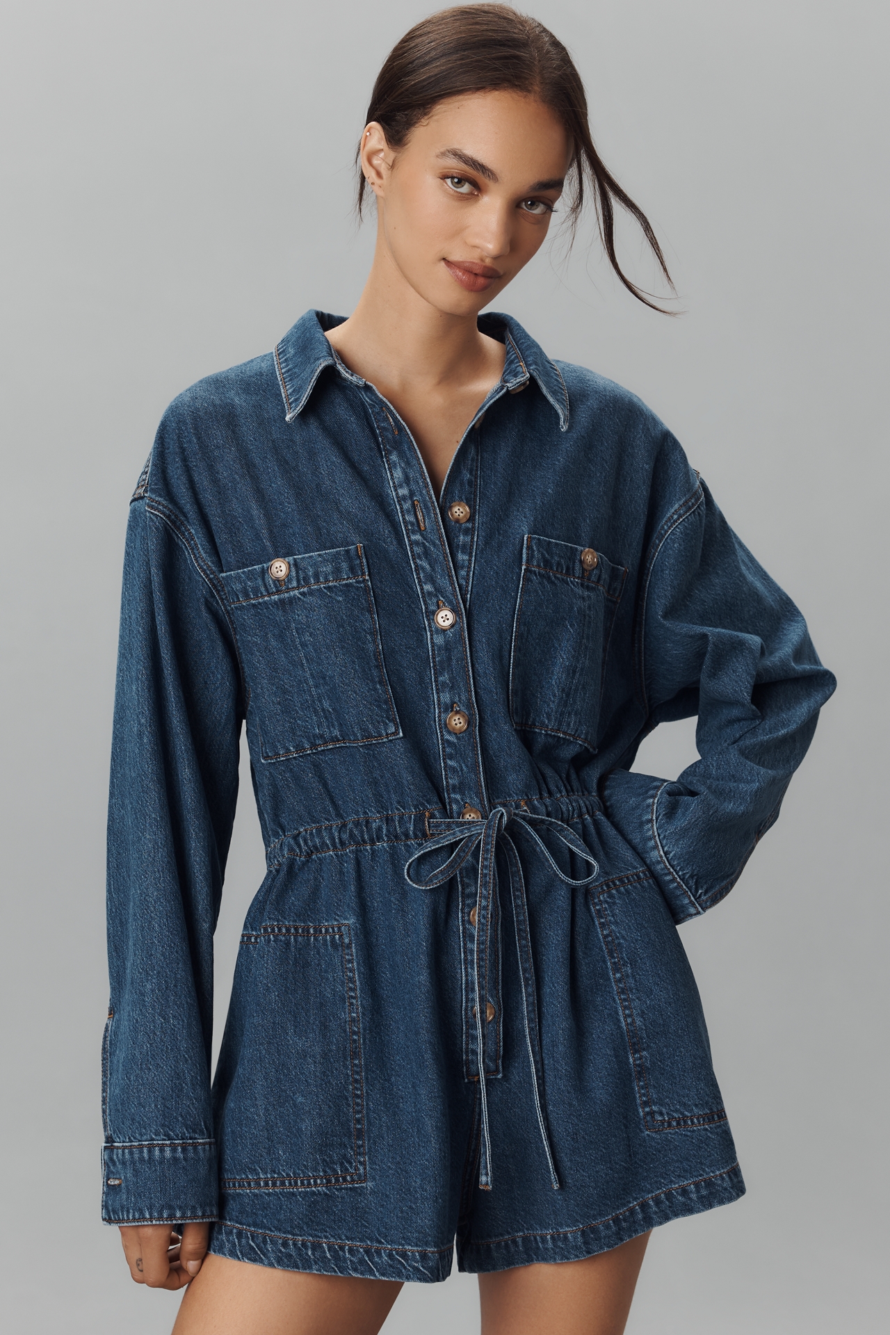 PAIGE Madigan Long-Sleeve Collared Denim Romper