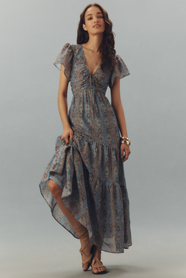 Paige Womens Slate Blue Multi Kinga Paisley-print Cotton And Silk-blend Maxi Dress