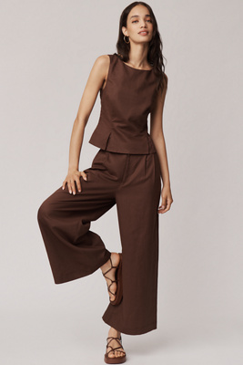 Paige Negroni Linen Blend High-rise Cropped Wide-leg Pants In Brown