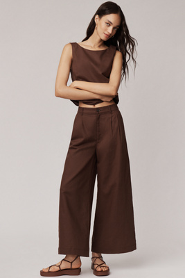 Paige Negroni Linen Blend High-rise Cropped Wide-leg Pants In Brown