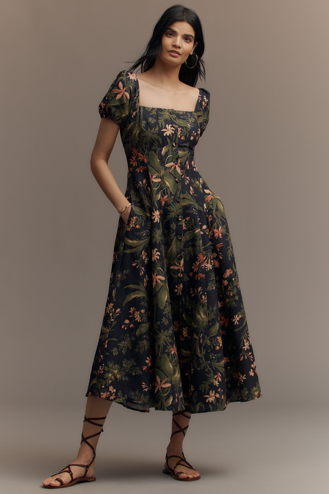 PAIGE Lindi Cap-Sleeve Square-Neck Midi Dress