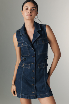 Paige Andria Sleeveless Collared Denim Mini Dress In Blue