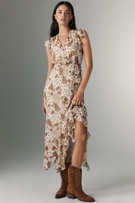 Paige Eleonora Ruffled Silk Midi Dress In Sand