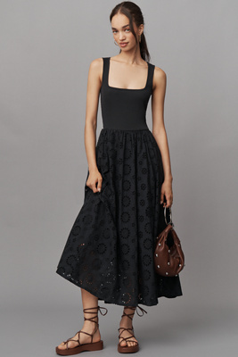 Paige Morel Sleeveless Square-neck Eyelet Midi Dress In Black