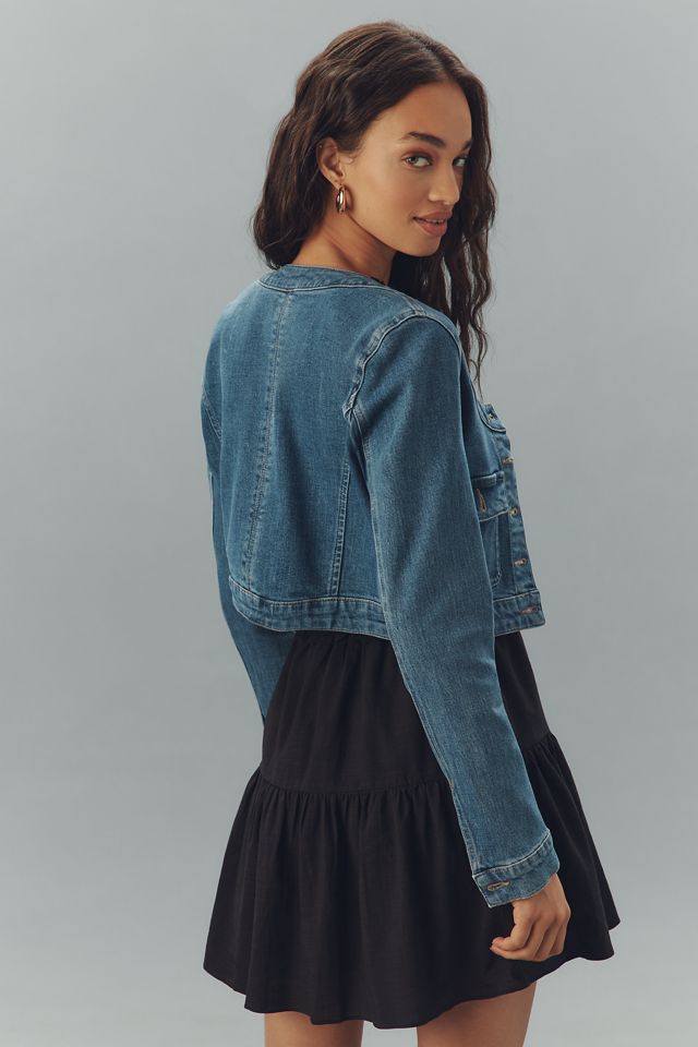 PAIGE Kiara Collarless Scoop-Neck Crop Denim Jacket #1