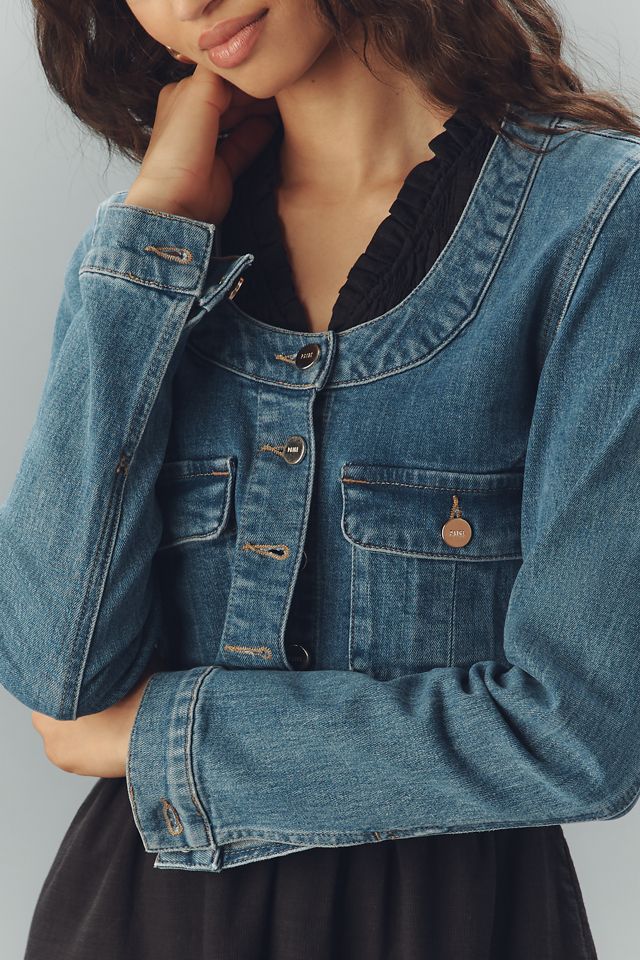 PAIGE Kiara Collarless Scoop-Neck Crop Denim Jacket #3