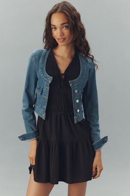 PAIGE Kiara Collarless Scoop-Neck Crop Denim Jacket