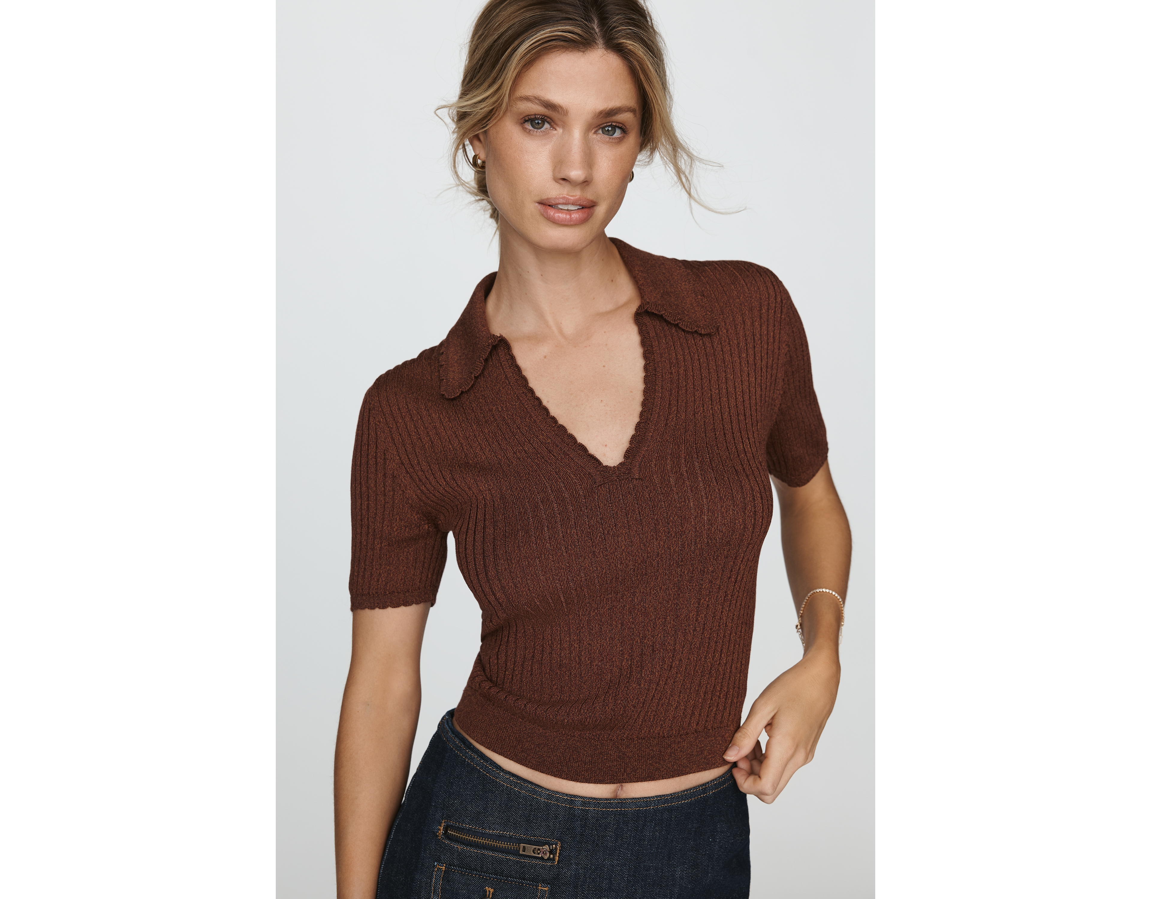 PAIGE Una Cotton Blend Ribbed V-Neck Top