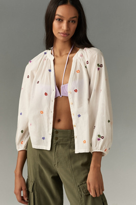 Shop Velvet By Graham & Spencer Aretha Embroidered Blouse In Beige