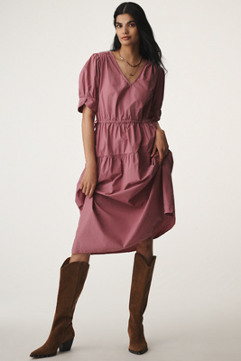 Shop Velvet By Graham & Spencer Lianna Puff-sleeve Midi Dress In Pink