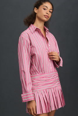 Rowing Blazers Long-sleeve Pleated Mini Shirt Dress In Pink