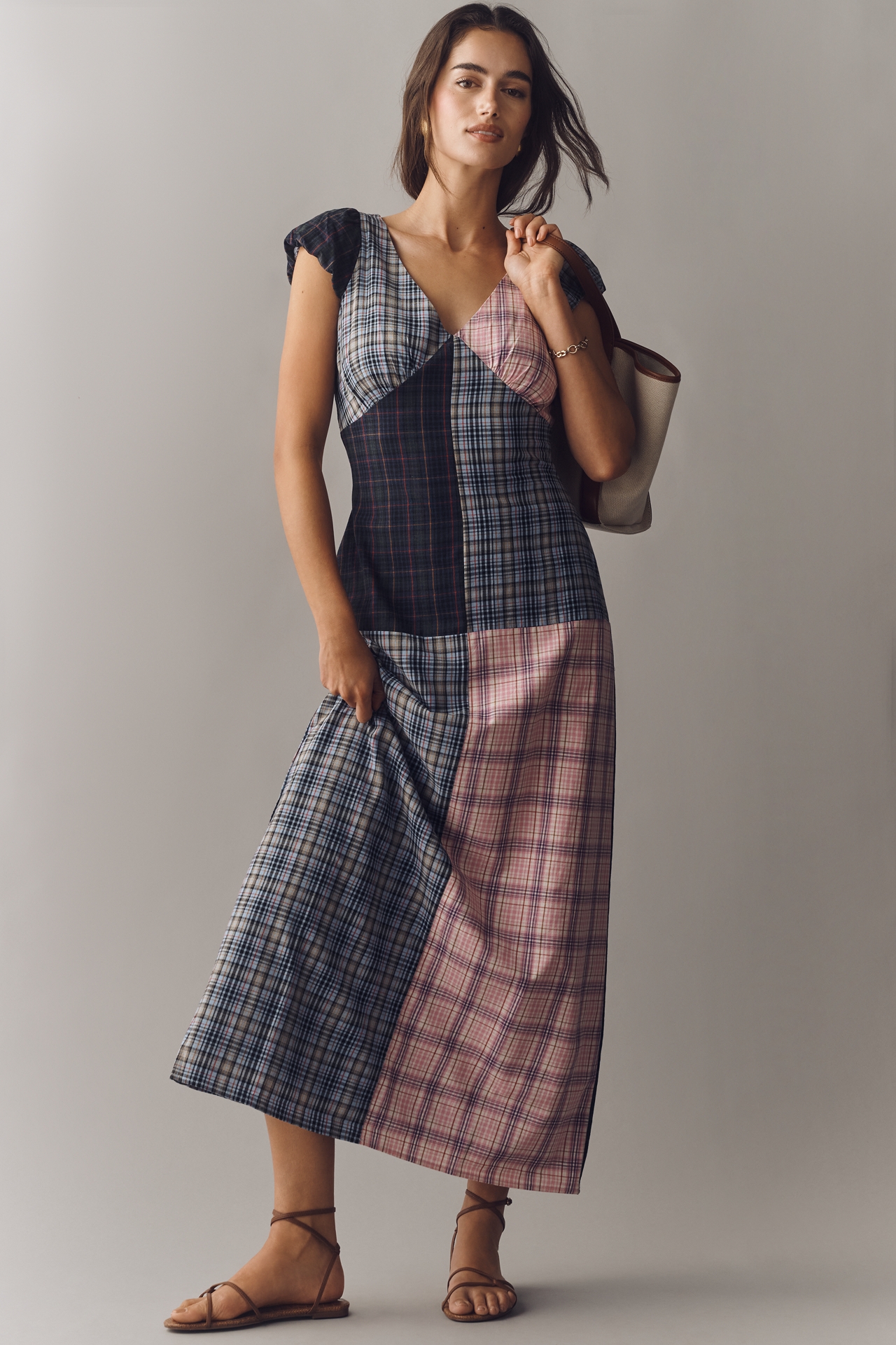 Rowing Blazers Patchwork Plaid Cap-Sleeve Maxi Dress