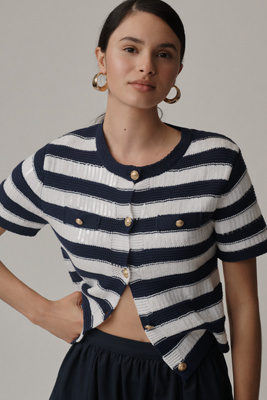 Sam Edelman Colleen Stripe Short Sleeve Cardigan In Blue