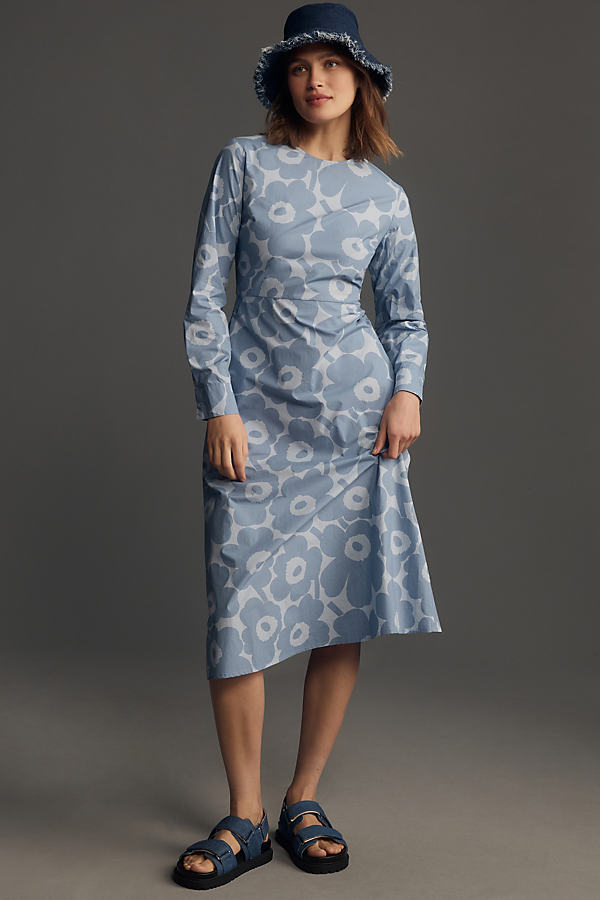 Marimekko Katse Unikko Long-sleeve Midi Dress In Blue