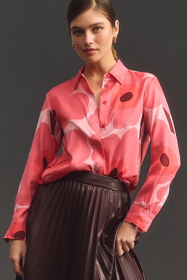 Marimekko Maija Unikko Silk Buttondown Shirt In Pink