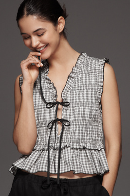 Rails Martine Gingham Smocked Ruffle Crop Top In Black