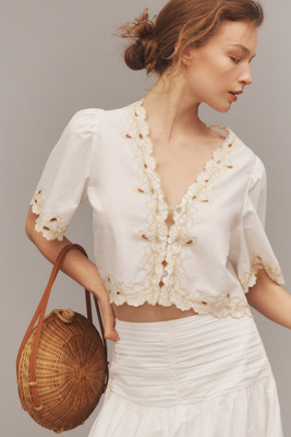 Rails Cataluna Short-sleeve Embroidered Cropped Top In White