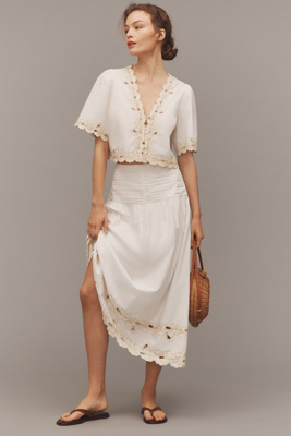 Rails Sol Embroidered Gathered Drop-waist Midi Skirt In White