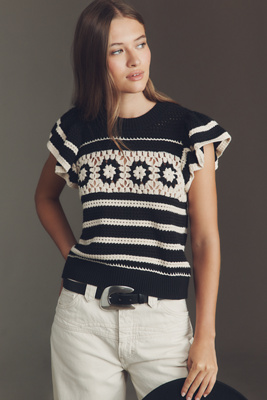 Rails Penelope Short Sleeve Open Stitch Sweater In Black