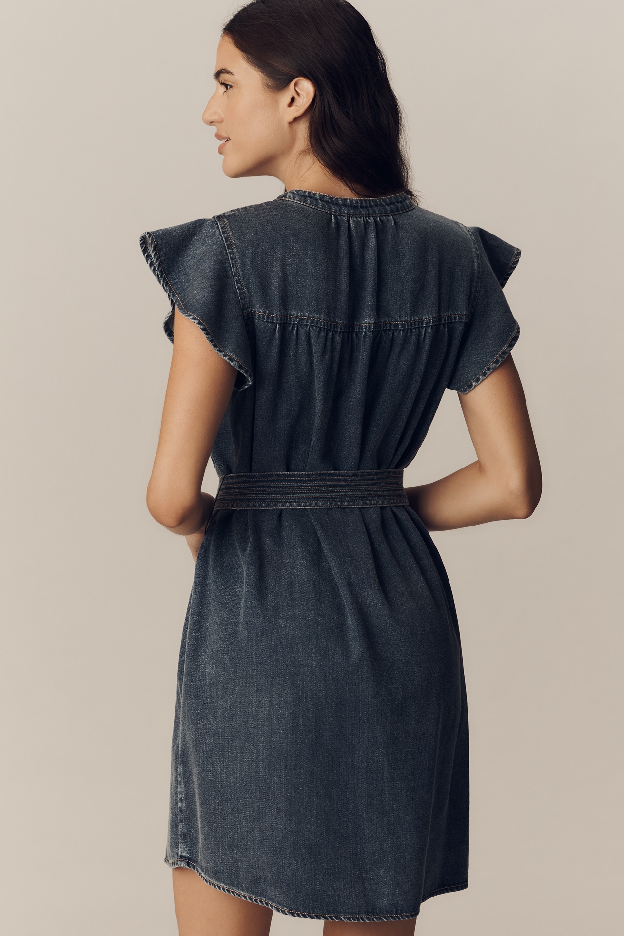 Rails Letta Flutter-Sleeve Belted Denim Mini Dress