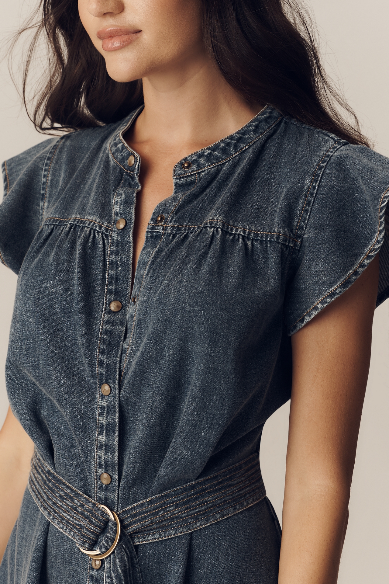 Rails Letta Flutter-Sleeve Belted Denim Mini Dress