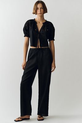 mlouren cutwork embroidery pant ブラック Mahila Embroidered Cutwork Wide-Leg Pants | Anthropologie