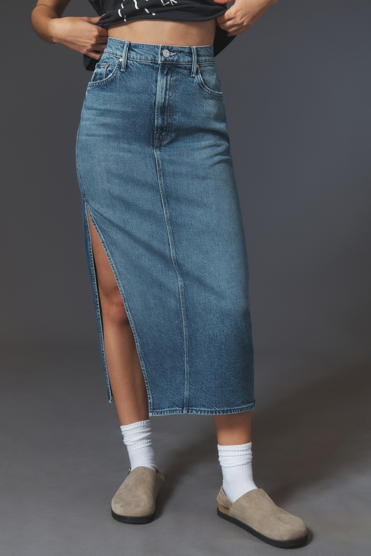 MOTHER The Split Second Denim Midi Skirt