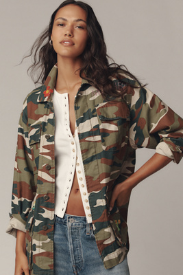 Mother The Foxhole Embroidered Detail Camo Print Cotton Jacket In Green