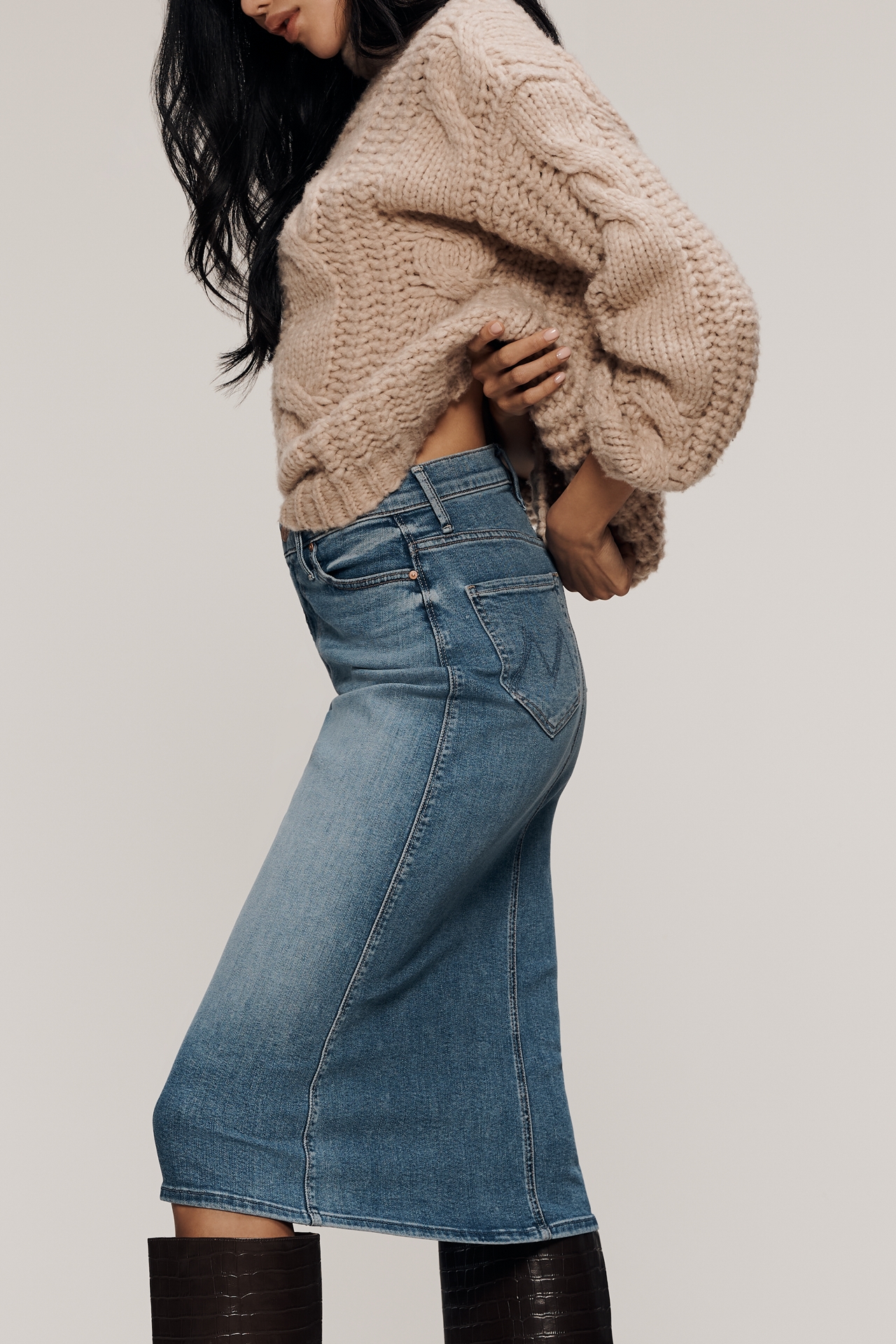 MOTHER The Swooner Straight A Denim Midi Skirt