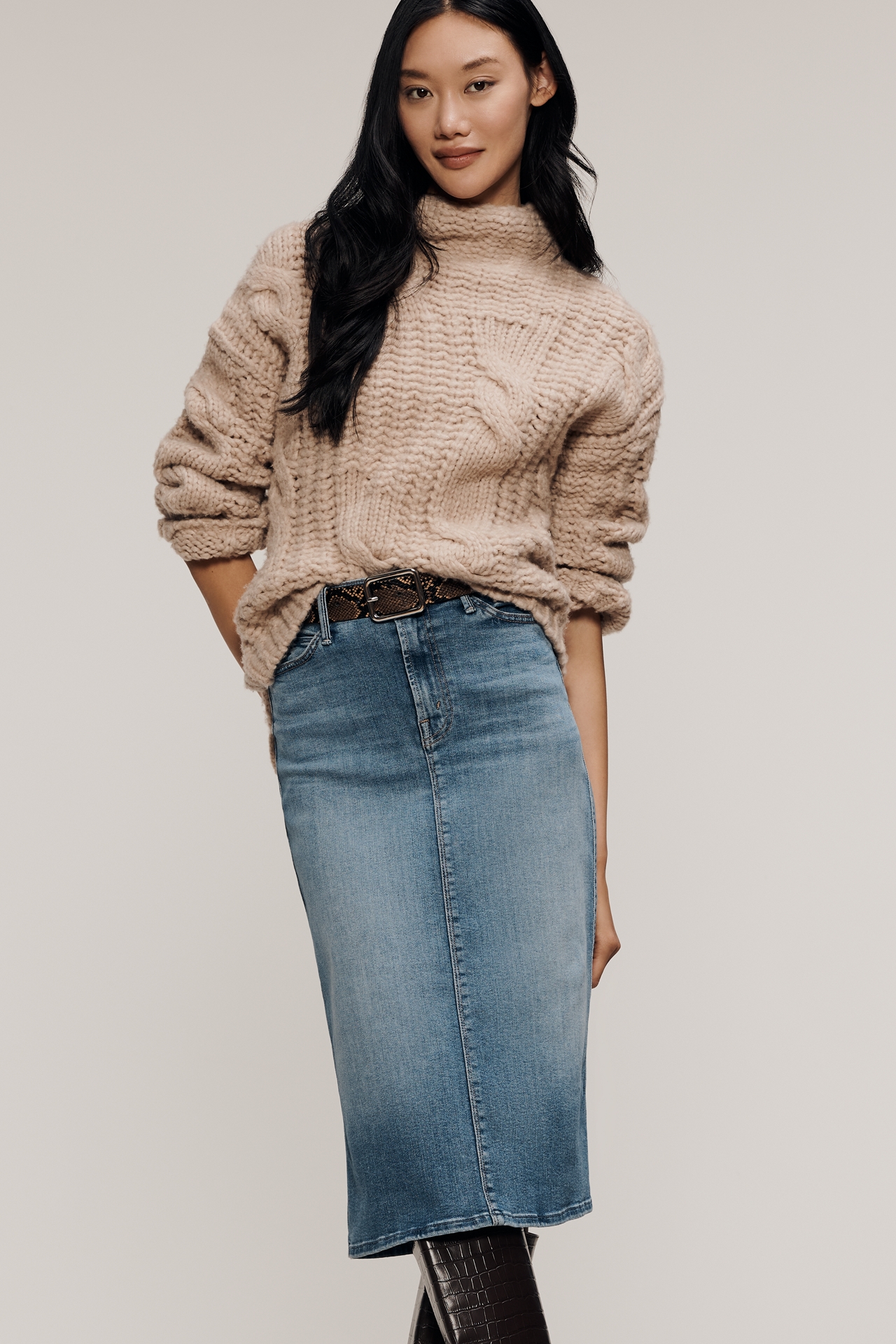 MOTHER The Swooner Straight A Denim Midi Skirt