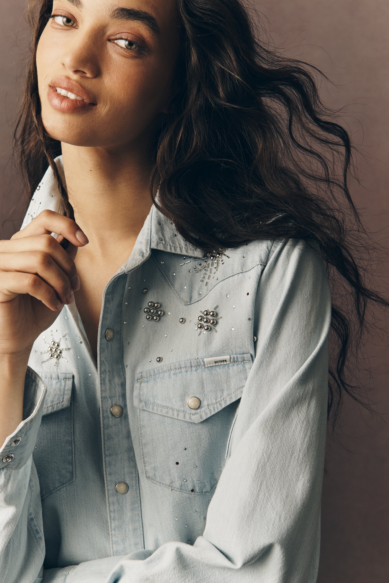 MOTHER All My Exes Embellished Denim Buttondown Shirt