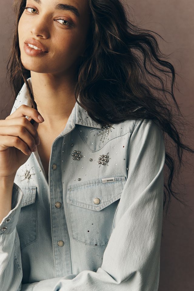 MOTHER All My Exes Embellished Denim Buttondown Shirt #2