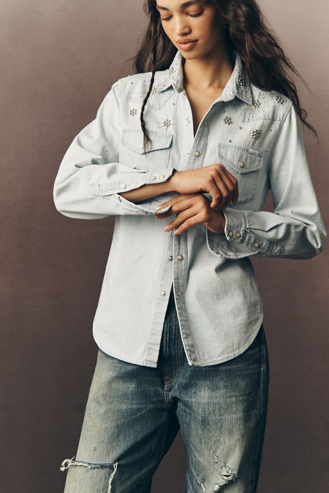 MOTHER All My Exes Embellished Denim Buttondown Shirt #1
