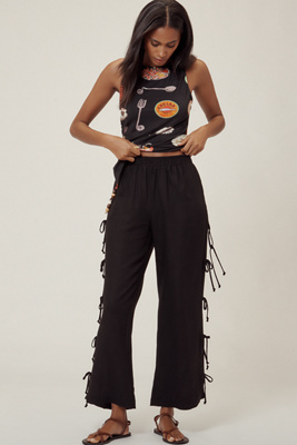 Lisa Says Gah Evelyn Linen-blend Tie Pants In Black