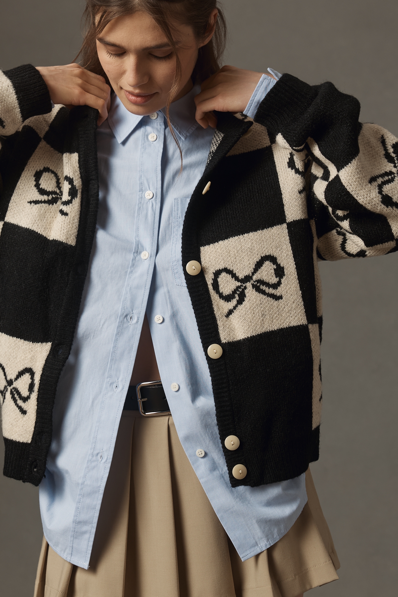 Lisa Says Gah Bow Check Cardigan Sweater