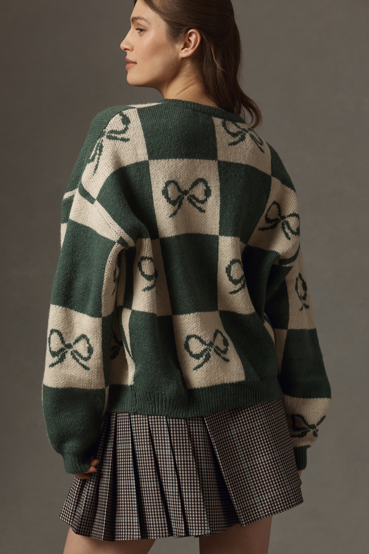 Lisa Says Gah Bow Check Cardigan Sweater