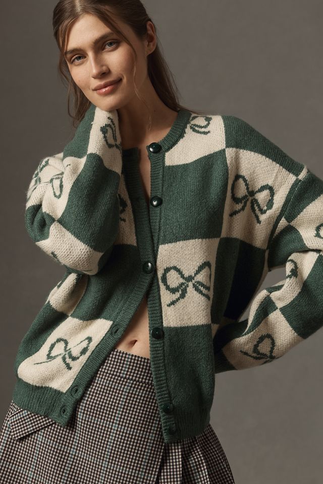Lisa Says Gah Bow Check Cardigan Sweater | Anthropologie