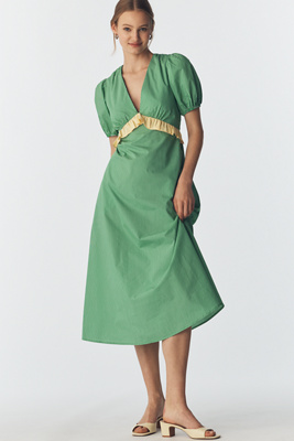 Short-Sleeve V-Neck Midi Dress