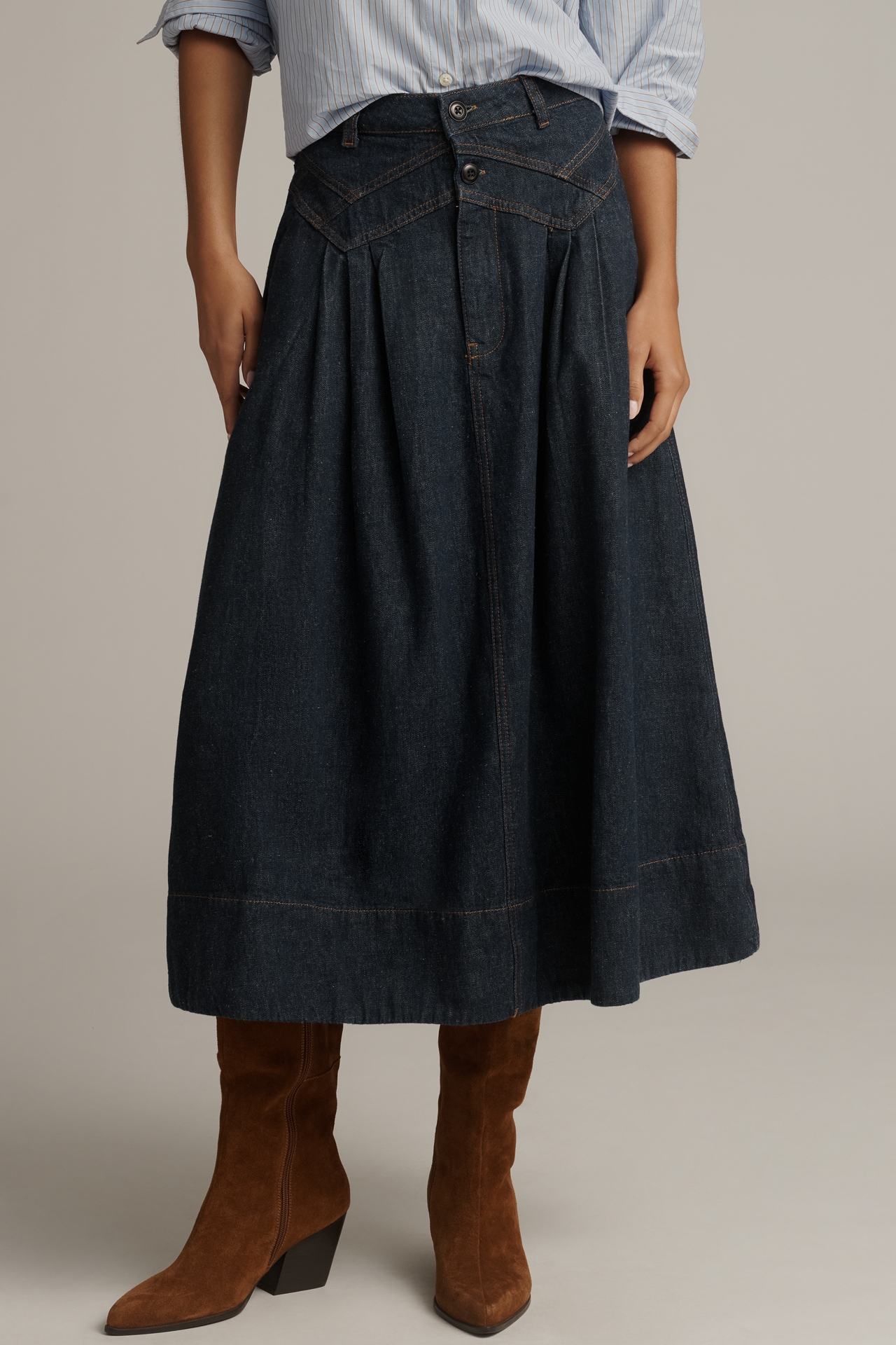THE GREAT. Field Denim Midi Skirt