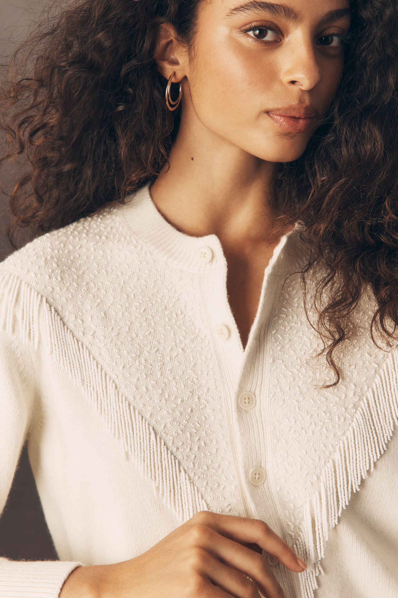 THE GREAT. Beaded Fringe Cardigan Sweater