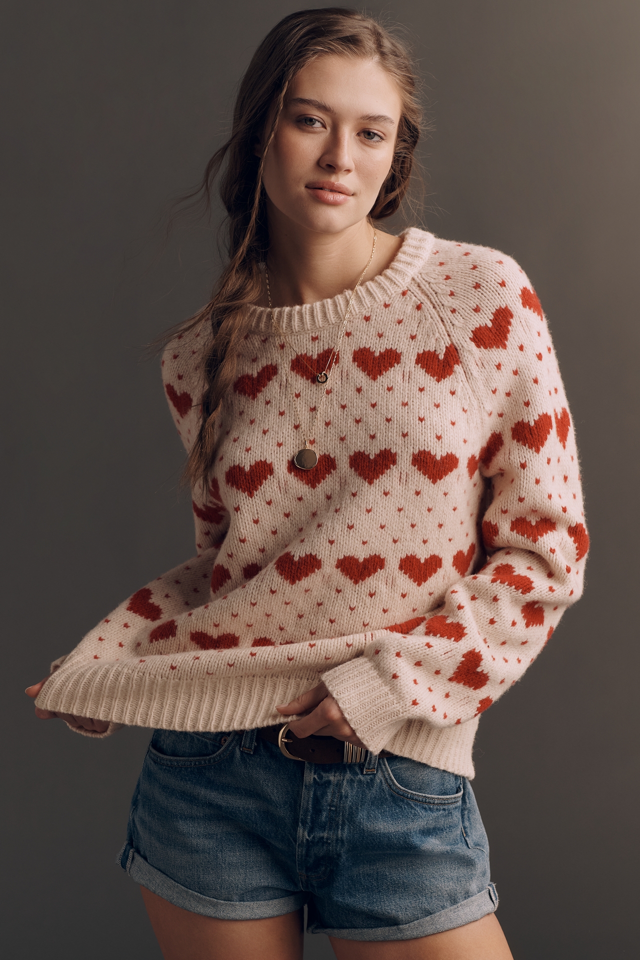 THE GREAT. Heart Long-Sleeve Crew-Neck Sweater