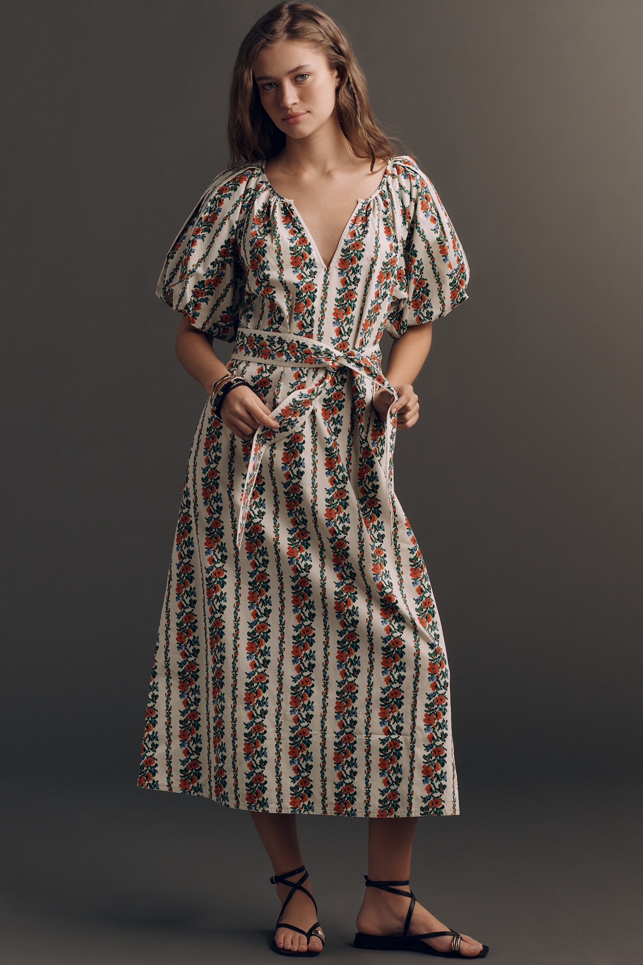THE GREAT. Fairground Belted Puff-Sleeve Midi Dress
